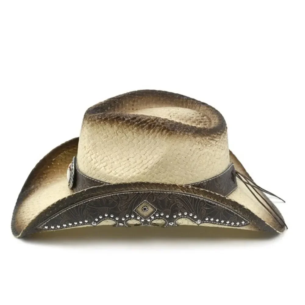 Cowboy Hats for Women and Men Straw Western Hat Embroidered Medium-Large Tan